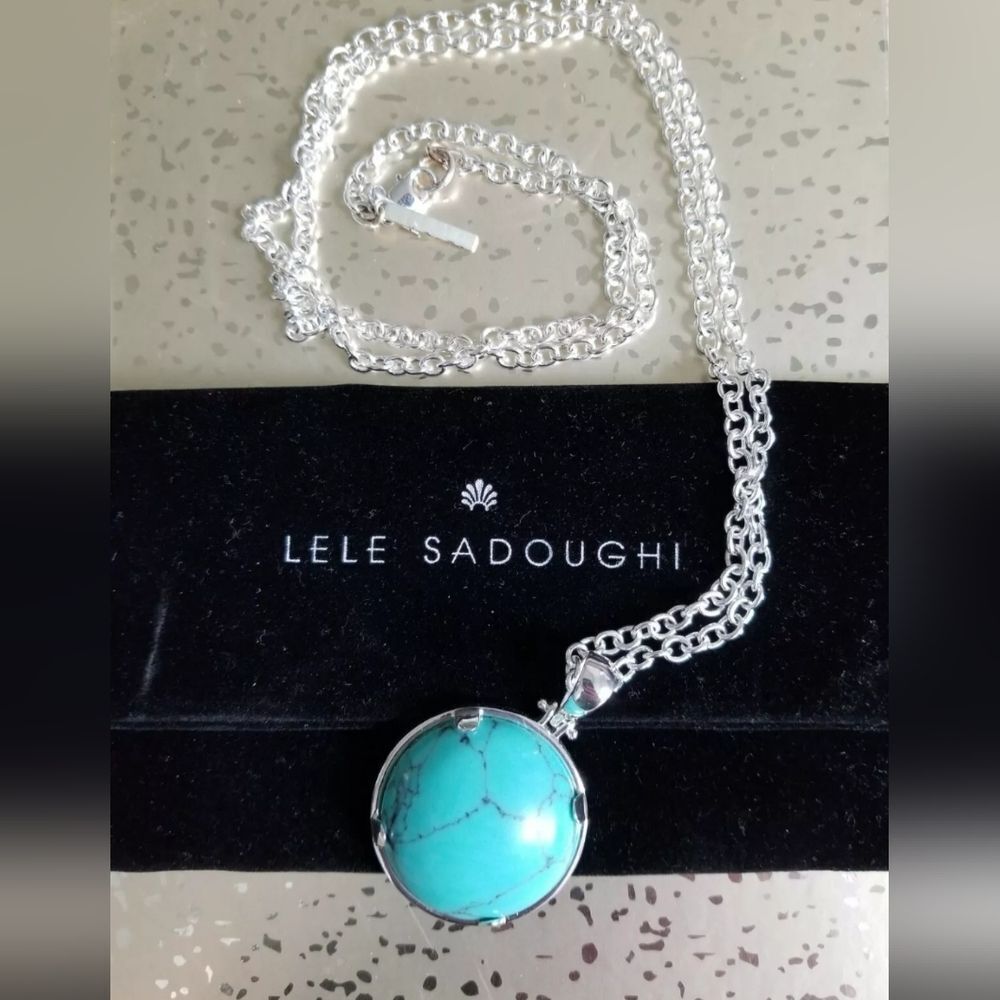 Lele Sadoughi Half Moon Silver/Turquoise Pendant NWOT 32"